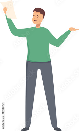 Illustration of a cheerful man presenting a paper, gesturing triumph with hand up