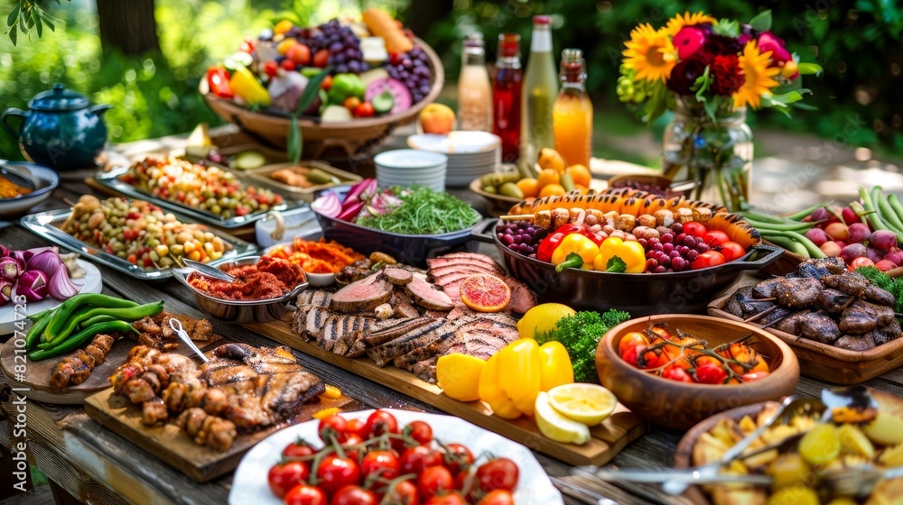 A vibrant outdoor buffet table filled with a variety of colorful and fresh foods, perfect for a garden party or summer gathering.