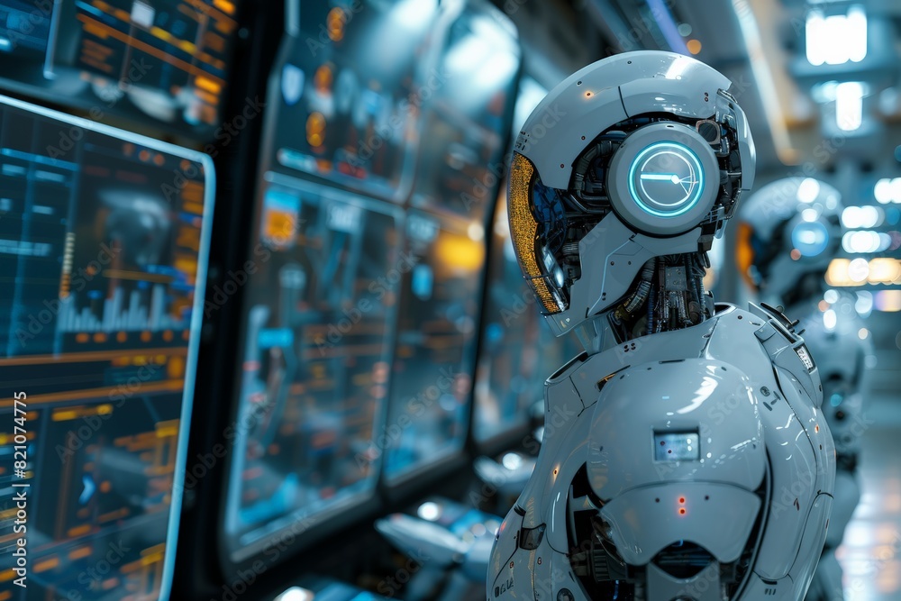 A robot is standing in front of a computer monitor with a blue circle on its head. The robot is wearing a white suit and he is in a futuristic setting. The computer monitor displays a variety of data A robot is standing in front of a computer monitor with a blue circle on its head. The robot is wearing a white suit and he is in a futuristic setting. The computer monitor displays a variety of data