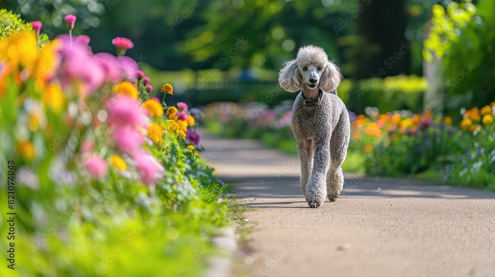 Elegant Poodle Strolling Through Lush Garden Pathway Elegant Poodle Strolling Through Lush Garden Pathway