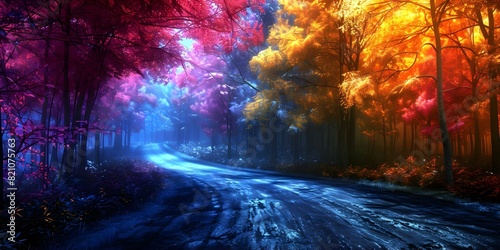 Vivid 3D rendering of forest road with dramatic lighting and vibrant foliage. Concept Forest Road  3D Rendering  Dramatic Lighting  Vibrant Foliage