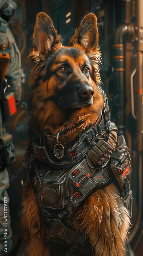 A German Shepherd wearing a tactical vest stands alert in a futuristic, industrial setting, ready for action or mission. Brave and loyal companion. A German Shepherd wearing a tactical vest stands alert in a futuristic, industrial setting, ready for action or mission. Brave and loyal companion.