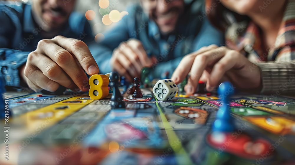Photo realistic concept of friends playing board games around a table, capturing fun and bonding moments of friendly competition
