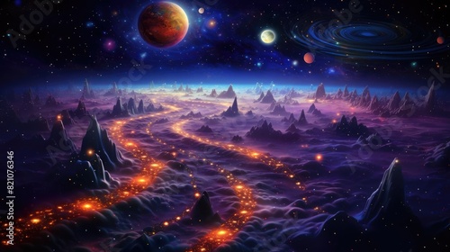A stunning alien landscape with glowing paths  majestic mountains  and distant planets in a vibrant  star-filled galaxy.