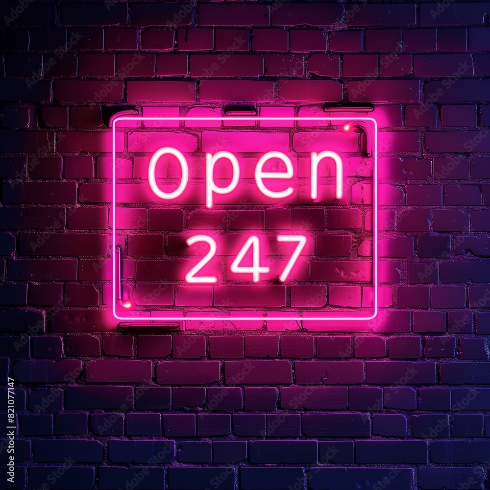 Pink neon sign on a brick wall displaying 247 and various symbols