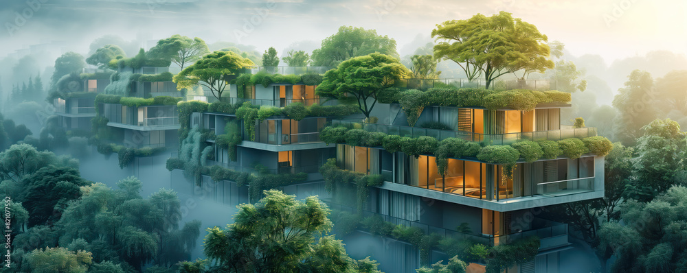 Obraz premium Futuristic cityscape of the town with skyscrapers and greenery everywhere. Sustainable lifestyle concept.
