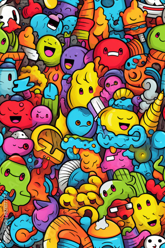 Seamless pattern with vibrant colors and funny doodles  high-quality and ready for print