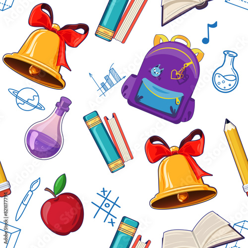 Back to school concept seamless pattern of design elements, school bell, backpack, books, and laboratory flask and doodles against white.