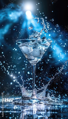 Stunning shot of a martini glass with splashing water and ice cubes under dramatic blue lighting. Perfect for culinary and beverage themes.