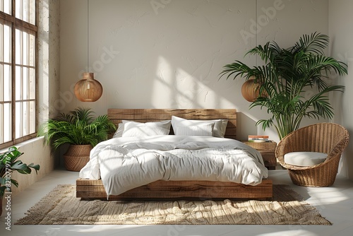 Minimalist bedroom interior mockup with a wooden bed  white wall and rattan armchair in the style of boho style.