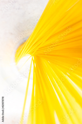 A bunch of bright yellow spaghetti arranged in a glass on a clean white surface, top view