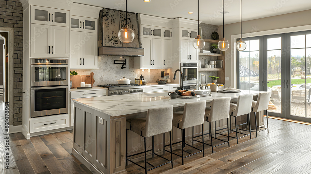 Modern Kitchen Island with Seating Showcasing Home for Sale   Realistic Interior Design Concept in Photo Stock