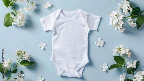 Pastel Blue Floral Design Baby Bodysuit - Gender Neutral Newborn Onesie Template Mockup photo