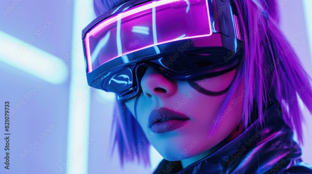 Beautiful woman purple hair wearing virtual reality glasses with neon glowing light. generative AI Beautiful woman purple hair wearing virtual reality glasses with neon glowing light. generative AI