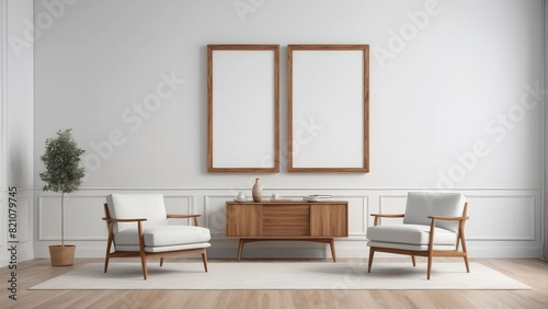 living room design with frame  minimalist chairs  white wall