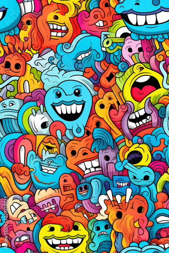 Seamless pattern with vibrant colors and funny doodles, high-quality and ready for print