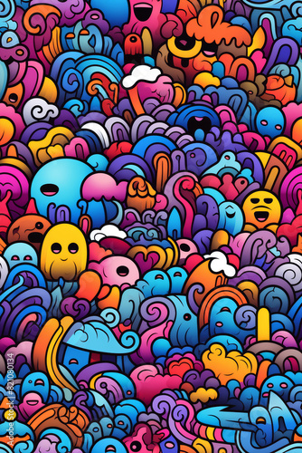 Seamless pattern with vibrant colors and funny doodles  high-quality and ready for print