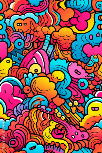 Seamless pattern with vibrant colors and funny doodles  high-quality and ready for print