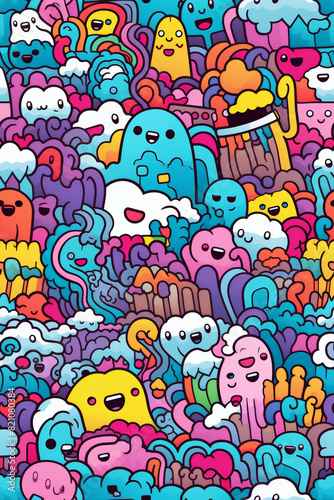 Seamless pattern with vibrant colors and funny doodles  high-quality and ready for print