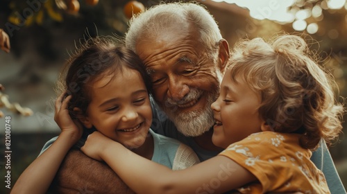 grandfather huggs with his granddaughters photo
