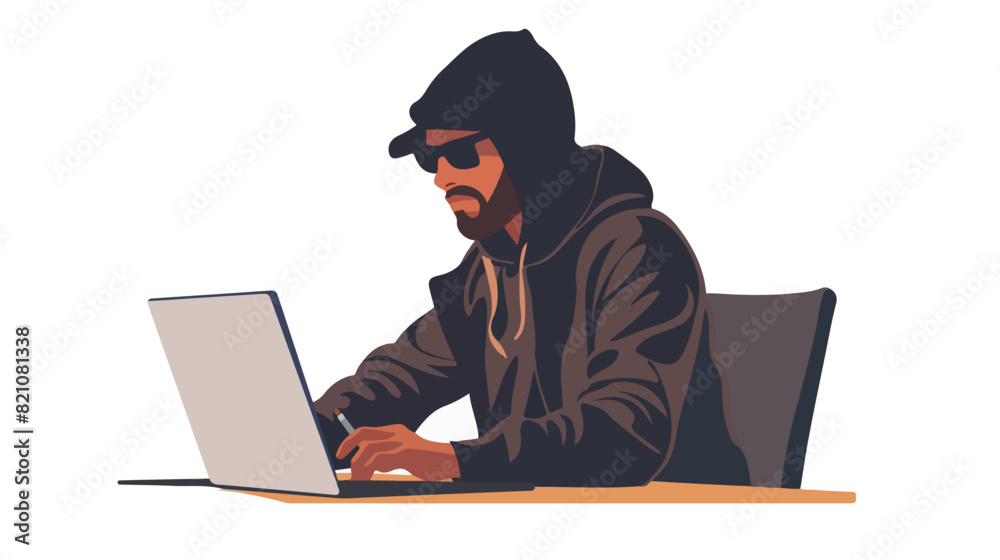 Hacker. A man sits at a table with a computer. Hacker at work. Hacker. A man sits at a table with a computer. Hacker at work.