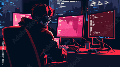Hacker. A man sits at a table with a computer. Hacker at work.