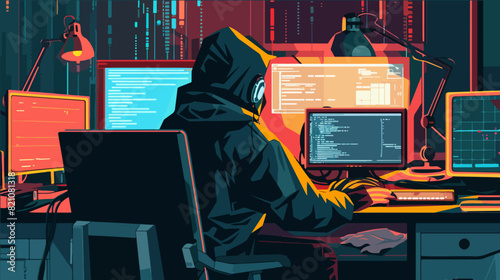 Hacker. A man sits at a table with a computer. Hacker at work.