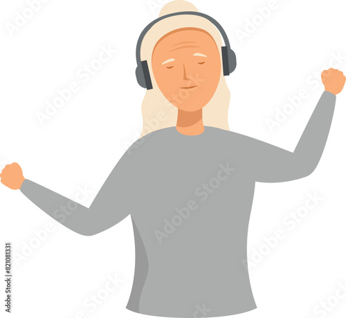 Illustration of an elderly woman happily listening to music with headphones on, feeling relaxed