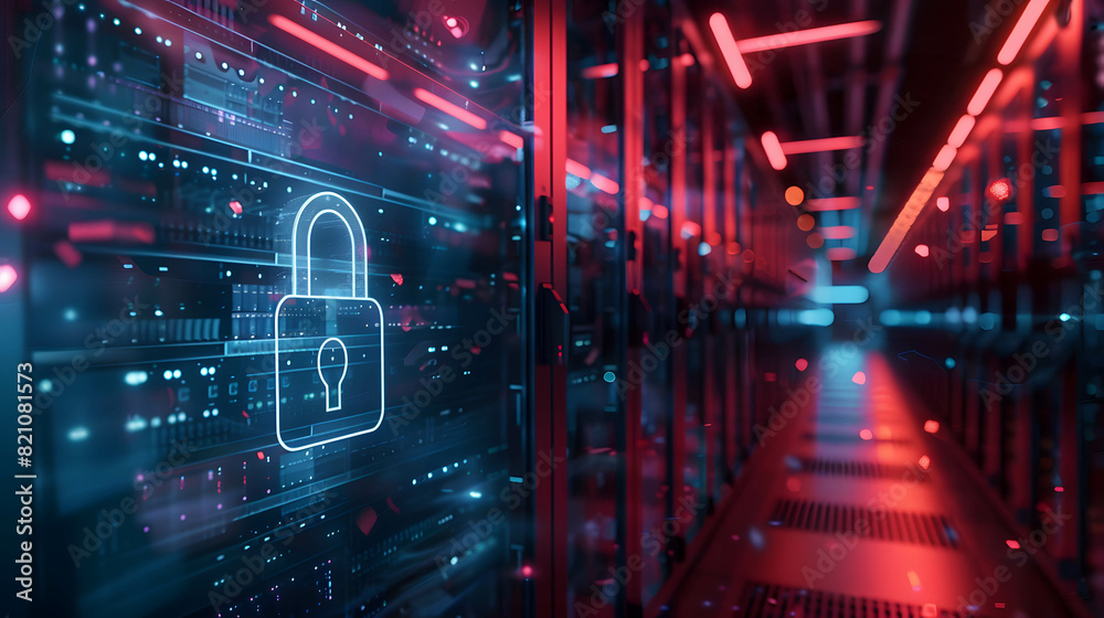 Server racks or data cloud center with digital lock overlay, indicating server security, digital data or information in online Server racks or data cloud center with digital lock overlay, indicating server security, digital data or information in online