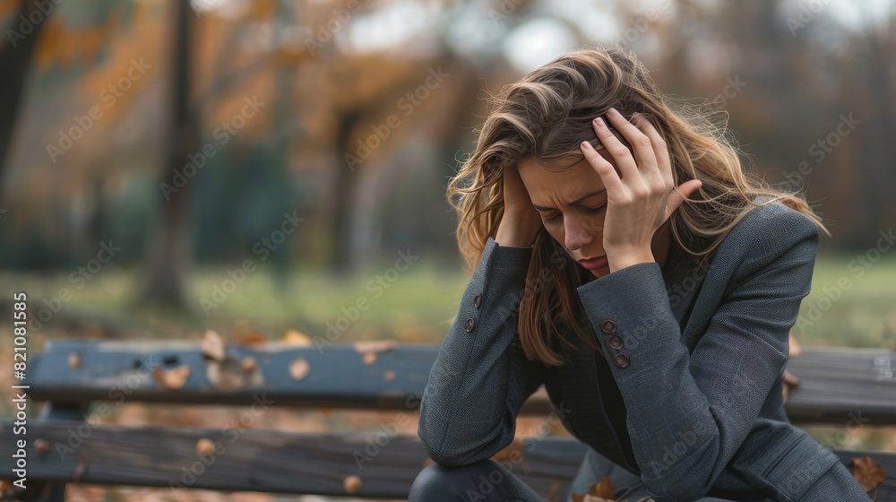 Overwhelmed Thoughts: Depressed Businesswoman Sits on Park Bench, Hands Clasped to Head Overwhelmed Thoughts: Depressed Businesswoman Sits on Park Bench, Hands Clasped to Head