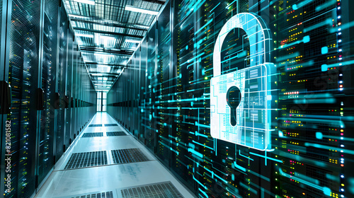 Server racks or data cloud center with digital lock overlay, indicating server security, digital data or information in online