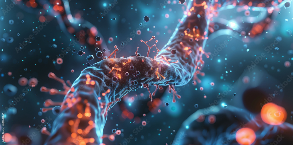 Biomedical visualization of a human cell at the molecular level, highlighting interactions between DNA and pharmaceutical agents