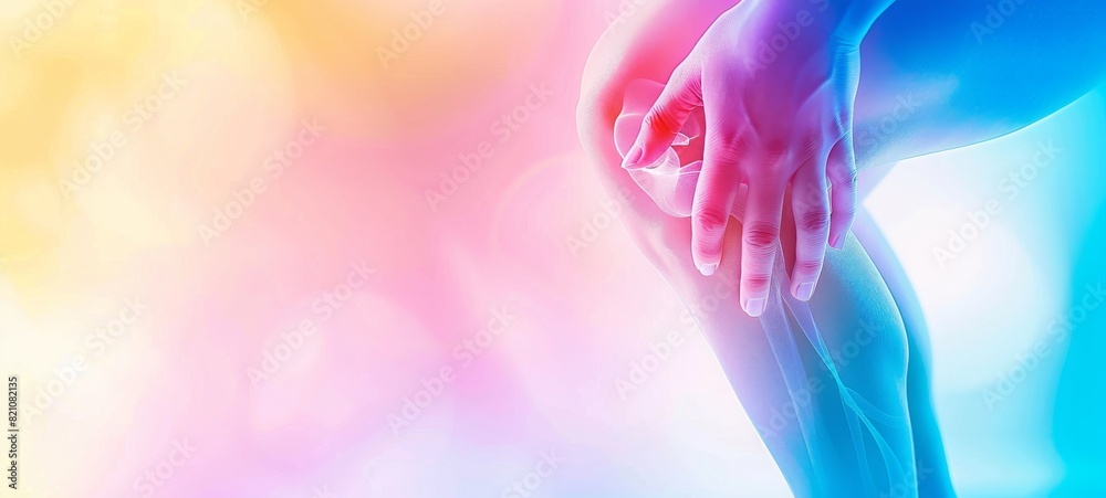 Obraz premium Close-up of glowing knee against blurred background. Colors include sky blue, rose, fuchsia, and yellow, accentuating joint.