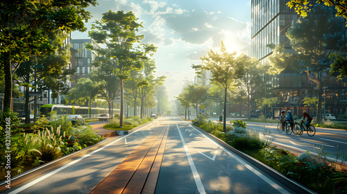 Photo realistic Smart urban mobility solutions: integrating public transport, cycling, and walking paths for sustainable city transportation future