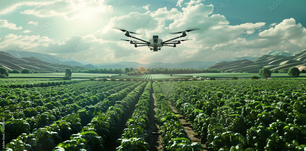 Panoramic view of a futuristic agricultural landscape with drone pollinators and automated farming machinery Panoramic view of a futuristic agricultural landscape with drone pollinators and automated farming machinery