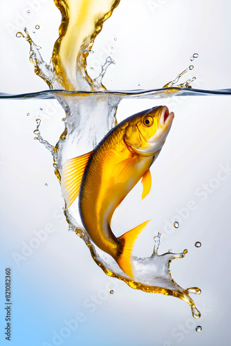 Fish oil. and fish in splashes of water on a white background. Supplements for beauty and health.