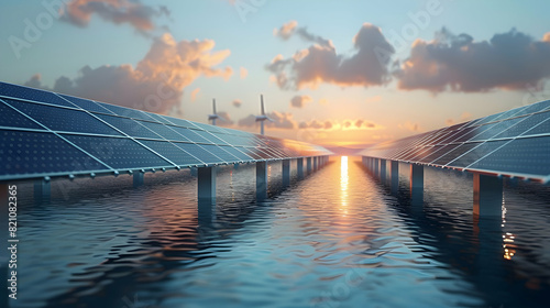 Photo realistic representation of Solar powered desalination plants integrating renewable energy for sustainable water solutions