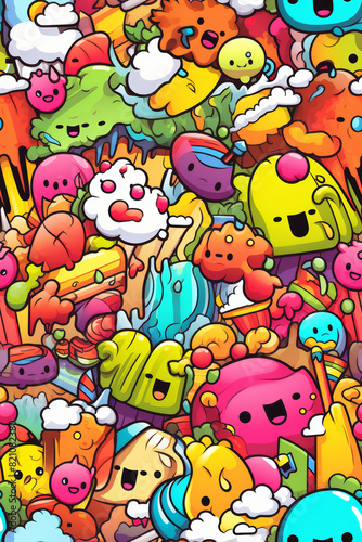 Seamless pattern with vibrant colors and funny doodles  high-quality and ready for print