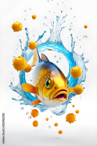 Omega fatty acids  and fish in splashes of water on a white background. Fish oil.Supplements for beauty and health.