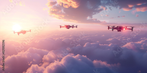 High-altitude drone racing through a cloud-filled skyline, featuring agile maneuvers and high-speed competition photo