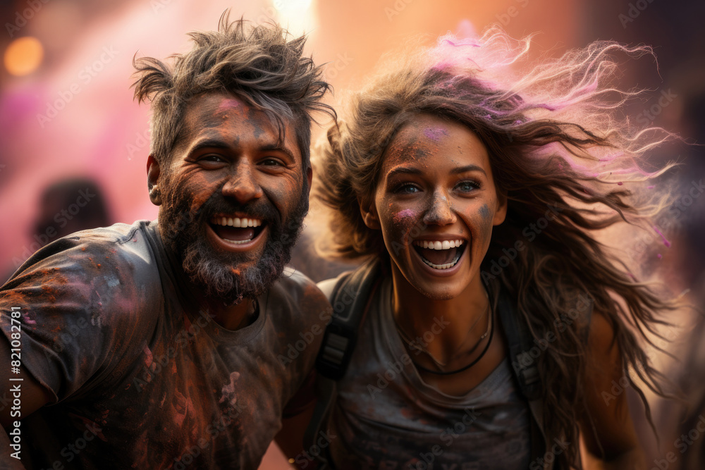 Happy couple in casual clothes celebrating Holi party in daylight