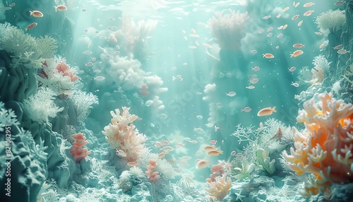 Underwater fantasy world shot of a pasteltoned 3D aquatic realm with fantastical sea creatures  close up  marine dream theme  whimsical  Manipulation  imaginary ocean