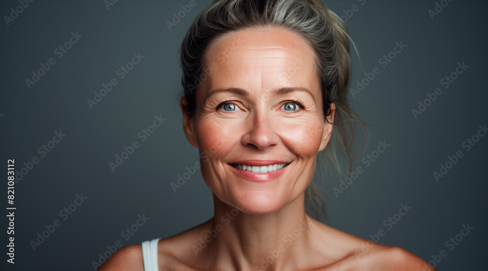 A americanwoman beauty in her 40s is smiling while looking straight ahead. A face without makeup, skin is bright, elastic, and moist A americanwoman beauty in her 40s is smiling while looking straight ahead. A face without makeup, skin is bright, elastic, and moist