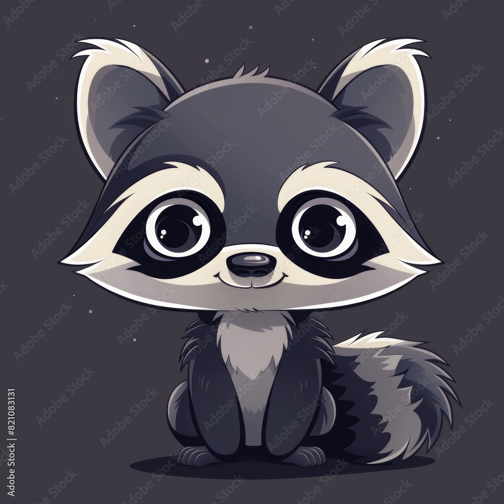 Obraz premium Cartoon raccoon with dark gray fur, white markings, and a curious expression.