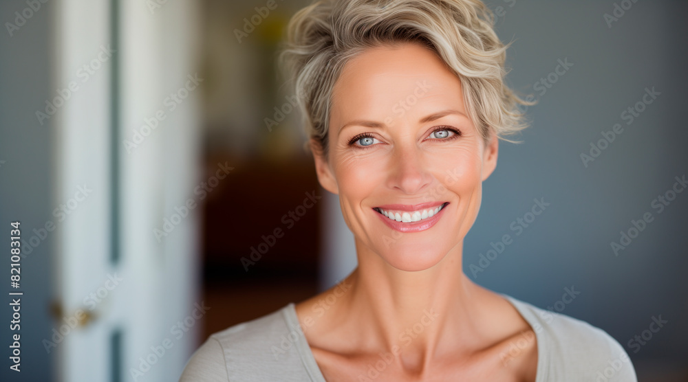 A americanwoman beauty in her 40s is smiling while looking straight ahead. A face without makeup, skin is bright, elastic, and moist
