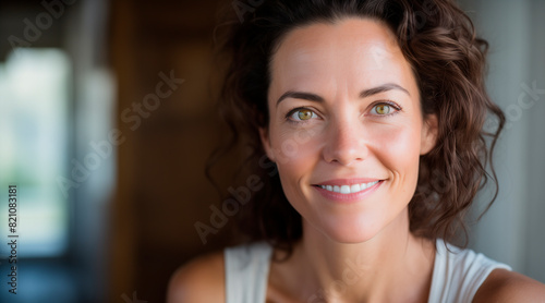 A americanwoman beauty in her 40s is smiling while looking straight ahead. A face without makeup, skin is bright, elastic, and moist
