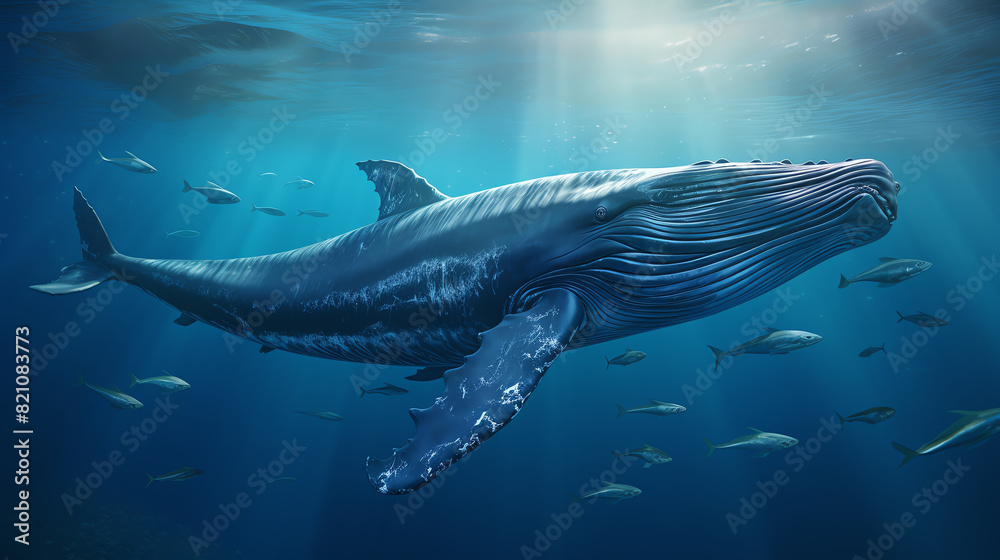 A large blue whale swims gracefully through the deep blue ocean. The whale is surrounded by a school of small fish.