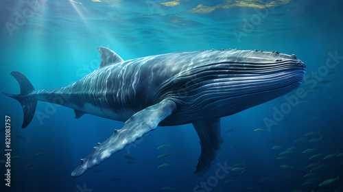 A blue whale swims gracefully through the deep blue ocean