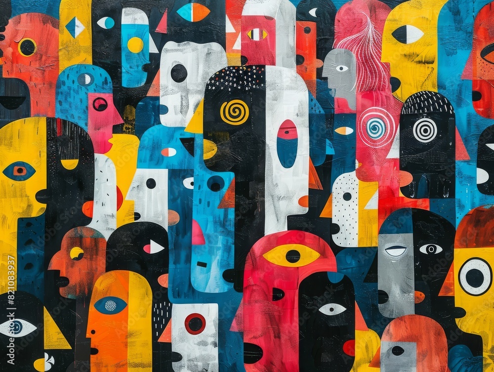 Vibrant cartoon characters with unique styles congregating in a modern, colorful setting. Vibrant cartoon characters with unique styles congregating in a modern, colorful setting.