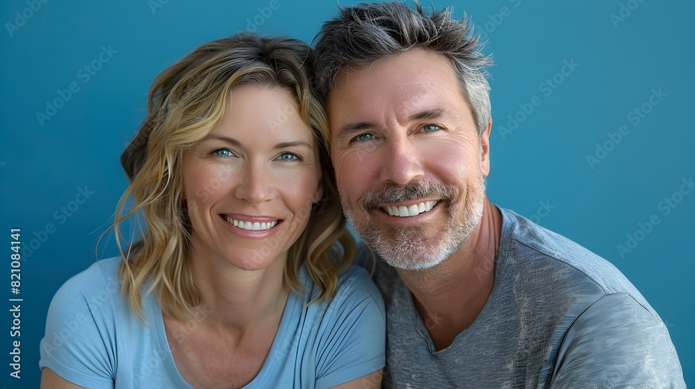 Smiling Couple Embracing with Joyful Affection on Blue Background Smiling Couple Embracing with Joyful Affection on Blue Background